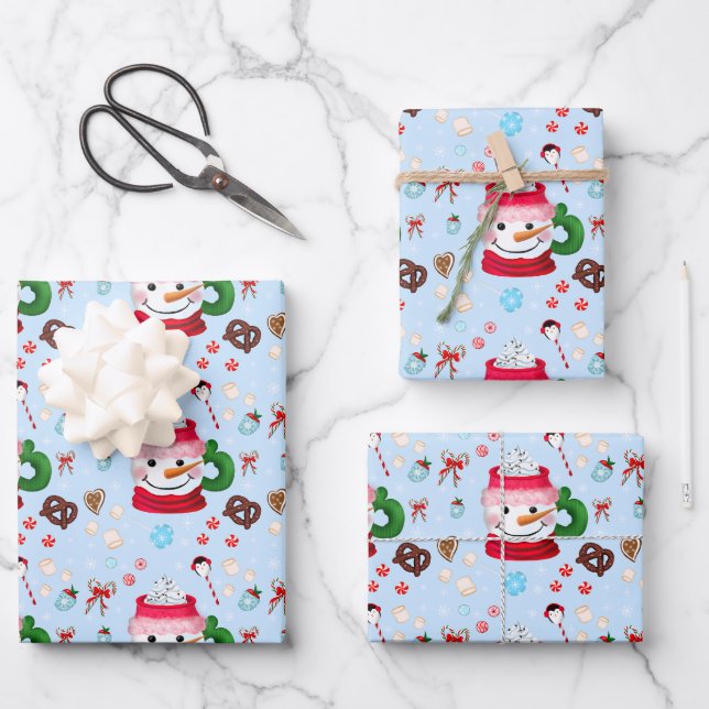 Snowman Hot Chocolate Fun Wrapping Paper Sheet (Front)