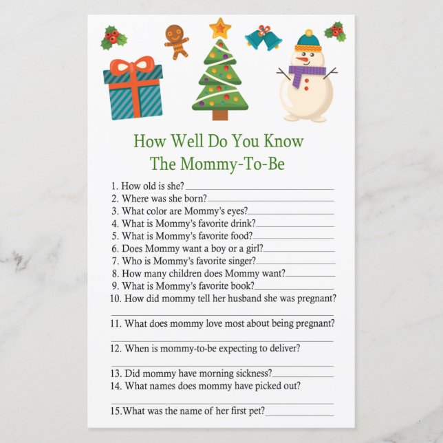 Snowman how well do you know baby shower game (Front)