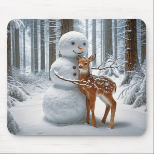 Snowman Hugging a Fawn Mouse Pad