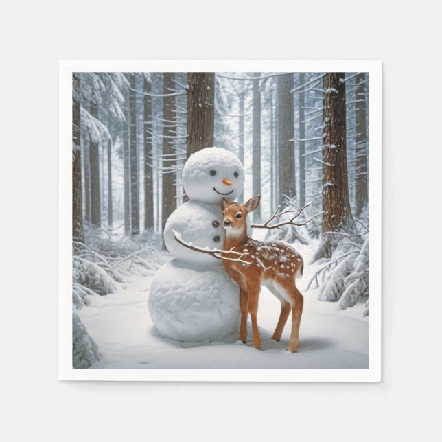 Snowman Hugging a Fawn Napkin (Front)