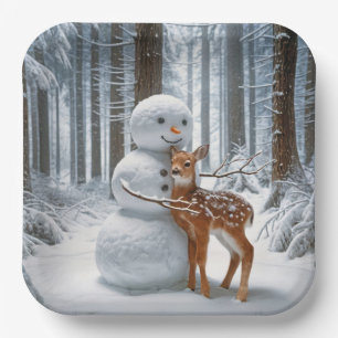 Snowman Hugging a Fawn Paper Plate