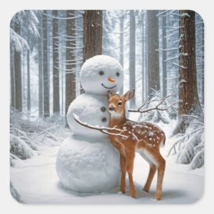Snowman Hugging a Fawn Square Sticker