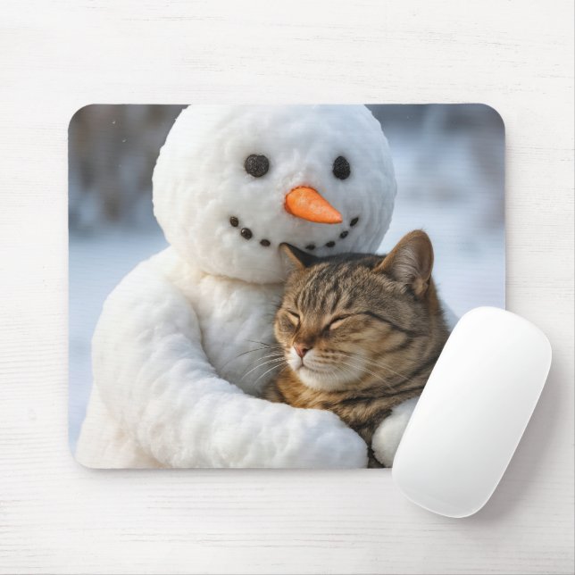 Snowman Hugging a Tabby Cat Mouse Pad (With Mouse)