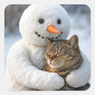 Snowman Hugging a Tabby Cat Square Sticker