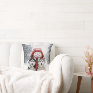 Snowman Hugging Siberian Husky Dogs Throw Pillow