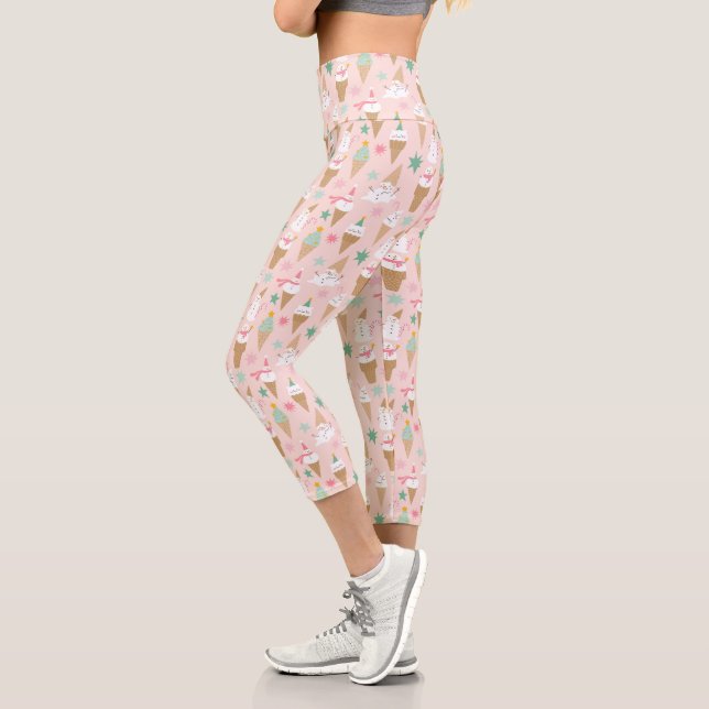 Snowman Ice Cream Cones Christmas Pattern Capri Leggings (Left)