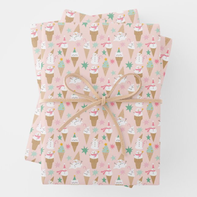 Snowman Ice Cream Cones Christmas Pattern Wrapping Paper Sheet (In situ)