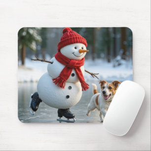 Snowman Ice Skating With Dog Mouse Pad