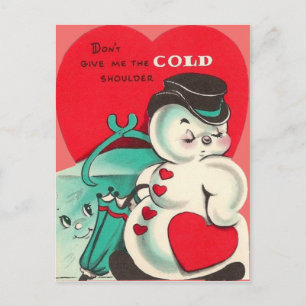 Snowman Ice Tongs Heart Umbrella Valentine Holiday Postcard