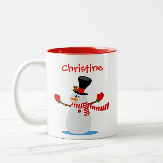 Snowman Illustration Personalized Red and White Two-Tone Coffee Mug (Left)