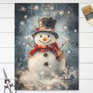 Snowman Illustration Rustic Snowflakes Decoupage Tissue Paper