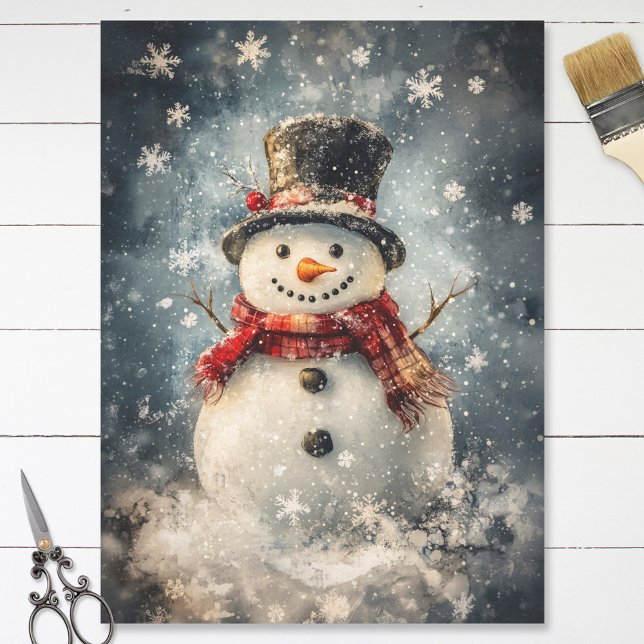 Snowman Illustration Rustic Snowflakes Decoupage Tissue Paper (Creator Uploaded)