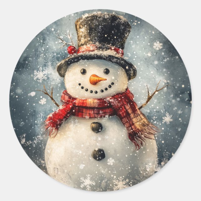 Snowman Illustration with Rustic Snowflakes Classic Round Sticker (Front)