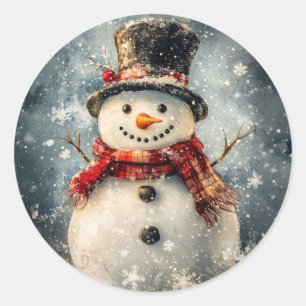 Snowman Illustration with Rustic Snowflakes Classic Round Sticker