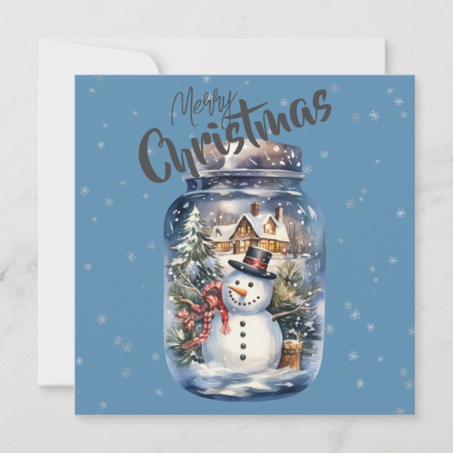 Snowman in a Jar Snowflakes Blue Holiday Card (Front)