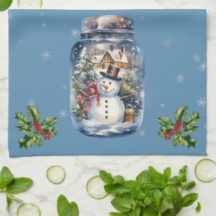 Snowman in a Jar Snowflakes Blue Kitchen Towel