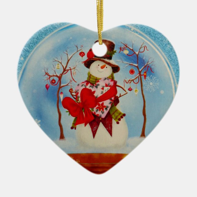Snowman in a Snow Globe Ceramic Ornament (Front)