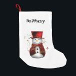 Snowman in a Top Hat Christmas Stocking<br><div class="desc">This Christmas stocking features a cute snowman in a deep red velvet cape and top hat. The name text is customizable.</div>