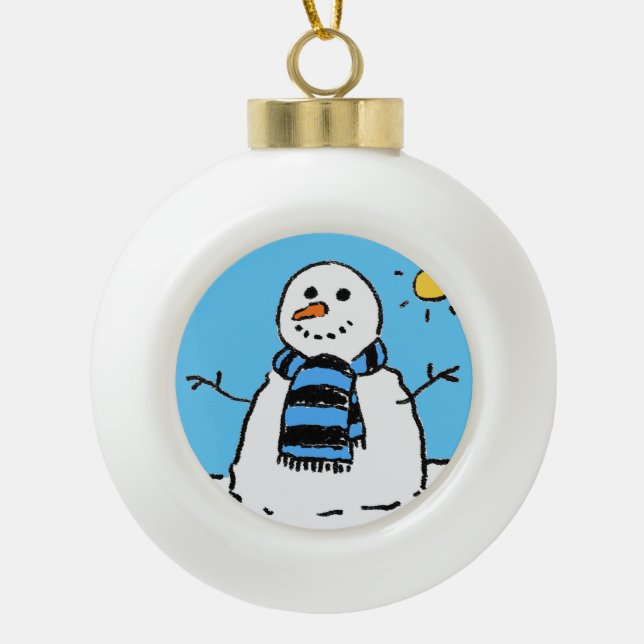 Snowman in a Winter Scene. Ceramic Ball Christmas Ornament (Front)