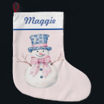 Snowman in Blue Damask Top Hat Large Christmas Stocking<br><div class="desc">This  Christmas stocking features grandmillennial design featuring a snowman in a blue and white Damask top hat on a blush pink background. You can personalize with a name in a navy blue cursive font.</div>