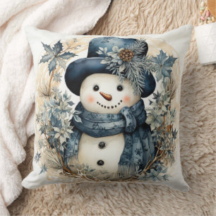 Snowman in Blue Throw Pillow