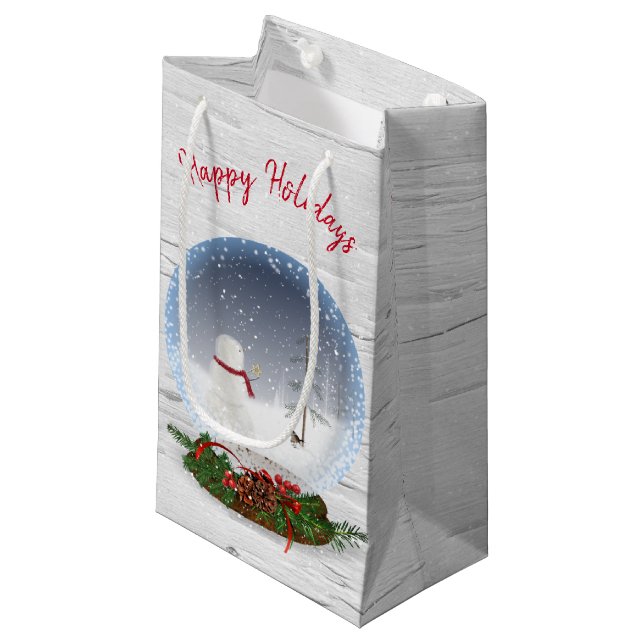 Snowman In Christmas Snow Globe On Birch Small Gift Bag (Front Angled)