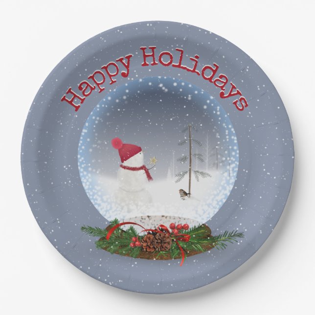 Snowman In Christmas Snow Globe Paper Plate (Front)