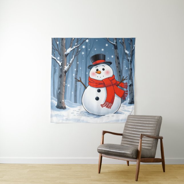 Snowman in cold forest with red scarf tapestry (In Situ)
