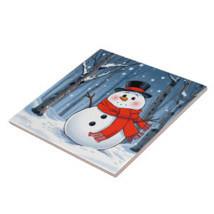 Snowman in cold forest with red scarf tile