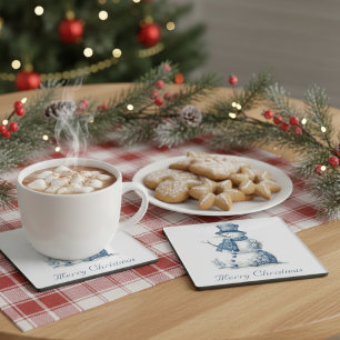 Snowman in Delft Blue customizable Glass Coaster