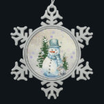 "Snowman in Falling Snow" with Rabbit and Trees Snowflake Pewter Christmas Ornament<br><div class="desc">Celebrate the magic of the season with this charming pewter Christmas ornament featuring a jolly snowman standing cheerfully in falling snow, with a sweet little rabbit by his side. Framed by stately pine trees, this festive design captures the warmth and wonder of winter in a timeless keepsake. Crafted in durable...</div>