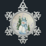 "Snowman in Falling Snow" with Rabbit and Trees Snowflake Pewter Christmas Ornament<br><div class="desc">Celebrate the magic of the season with this charming pewter Christmas ornament featuring a jolly snowman standing cheerfully in falling snow, with a sweet little rabbit by his side. Framed by stately pine trees, this festive design captures the warmth and wonder of winter in a timeless keepsake. Crafted in durable...</div>