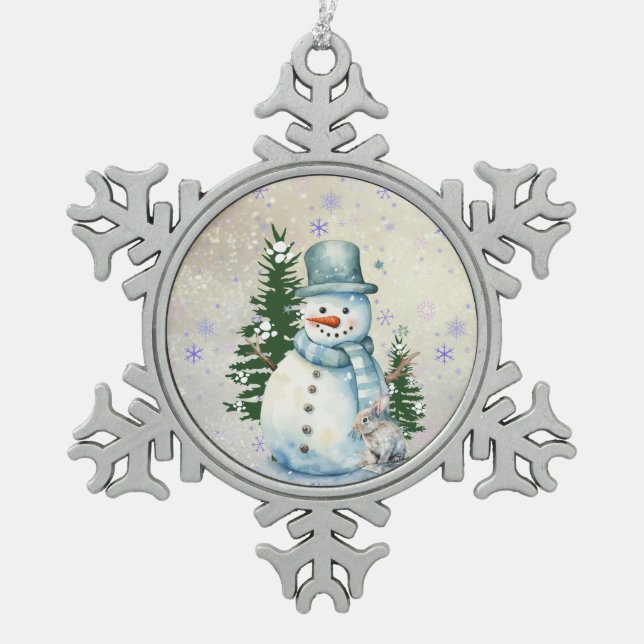 "Snowman in Falling Snow" with Rabbit and Trees Snowflake Pewter Christmas Ornament (Front)