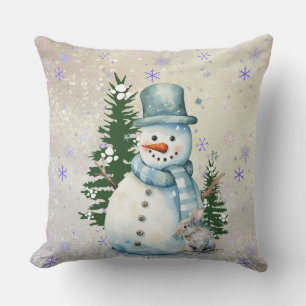 "Snowman in Falling Snow" with Rabbit and Trees Throw Pillow