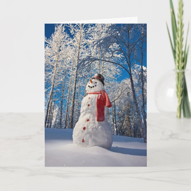 Snowman in Front of Snow-Covered Forest Holiday Card (Front)