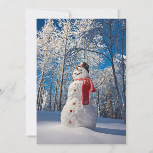 Snowman in Front of Snow-Covered Forest Holiday Card