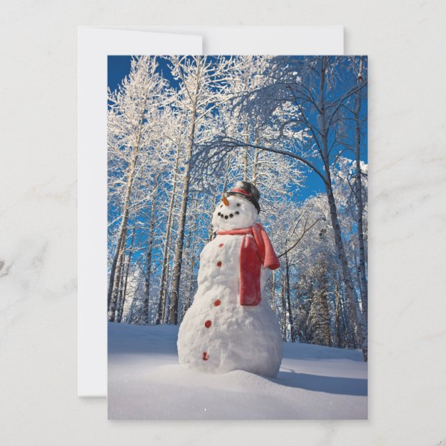 Snowman in Front of Snow-Covered Forest Holiday Card (Front)