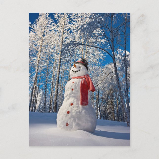 Snowman in Front of Snow-Covered Forest Holiday Postcard (Front)