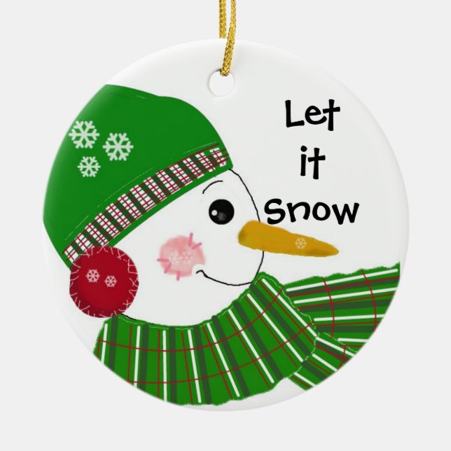 Snowman in Green Hat and Scarf Ceramic Ornament (Front)