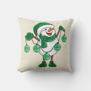 Snowman in Green Scarf Funny Christmas Gift Throw Pillow