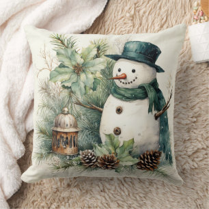 Snowman in Green Throw Pillow