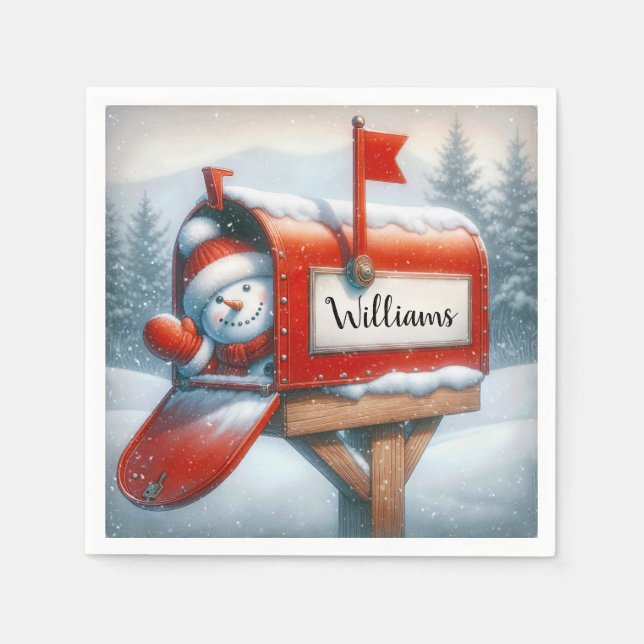 Snowman In Holiday Mailbox With Custom Name Napkin (Front)