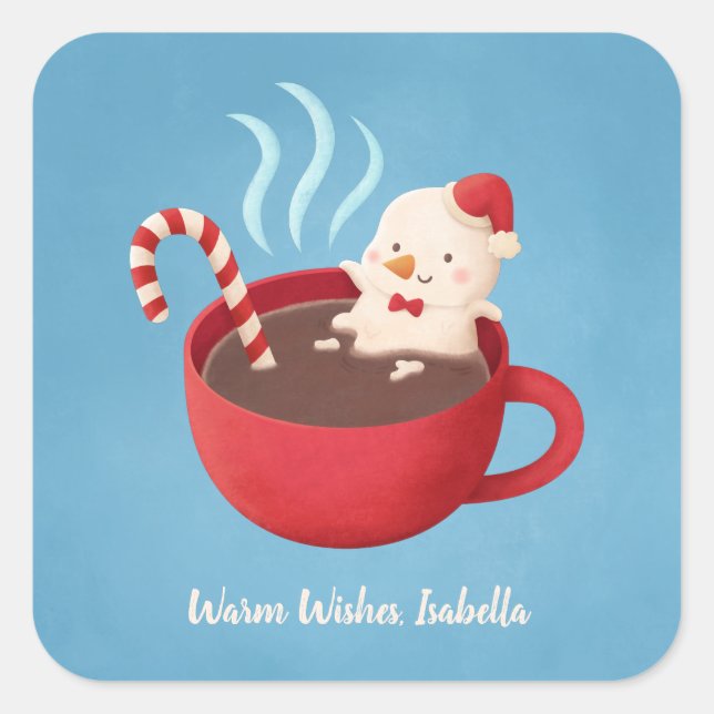 Snowman in Hot Cocoa Warm Wishes Pun Stickers (Front)