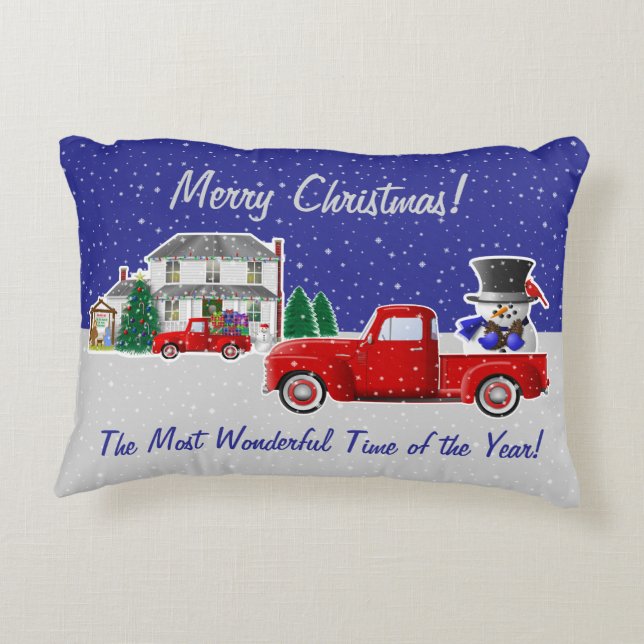 Snowman in Little Red Truck and Farm House Accent Pillow (Back)