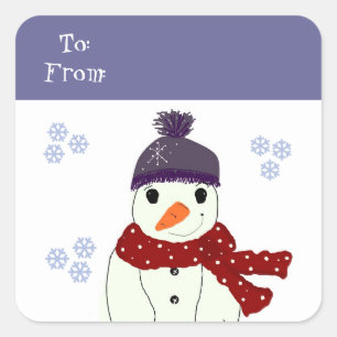 Snowman in Purple Hat and Red Scarf Square Sticker