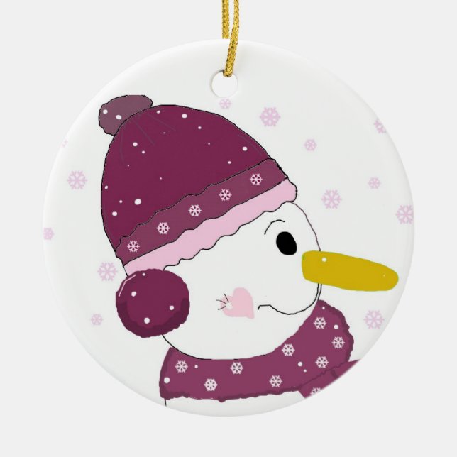 Snowman in Purple Hat and Scarf Ceramic Ornament (Front)