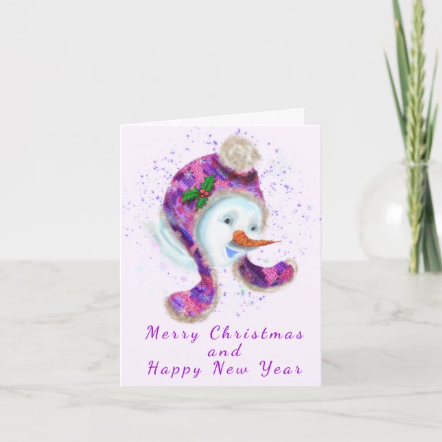 Snowman In Purple Pink Hat Christmas Card (Front)