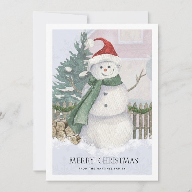 Snowman in Santa Hat Pine Tree Christmas Card (Front)