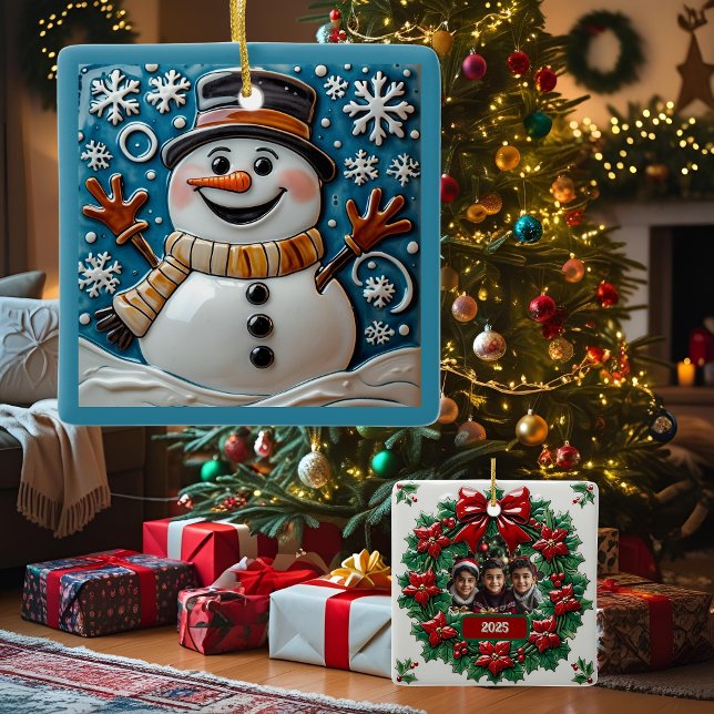 Snowman in Snow Christmas Customizable  Ceramic Ornament (Creator Uploaded)