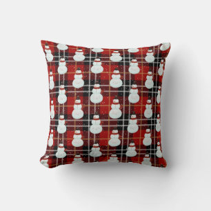 Snowman in Snowflakes Tartan Plaid Throw Pillow